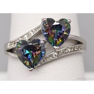 Womens Ring 925 Sterling Silver Sz. 6.25 Faux Mystic Topaz Hearts Cubic Zirconia